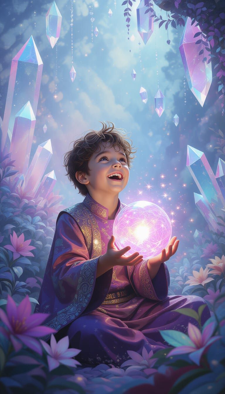 Boy Plays with Glowing Ball in Crystalline Graffiti Garden