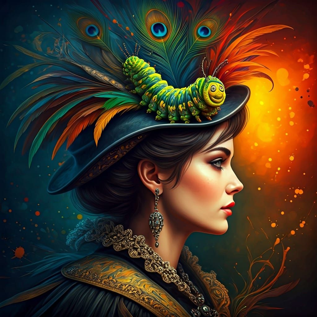 Caterpillar Concealed in Feathered Hat, Hyperrealistic