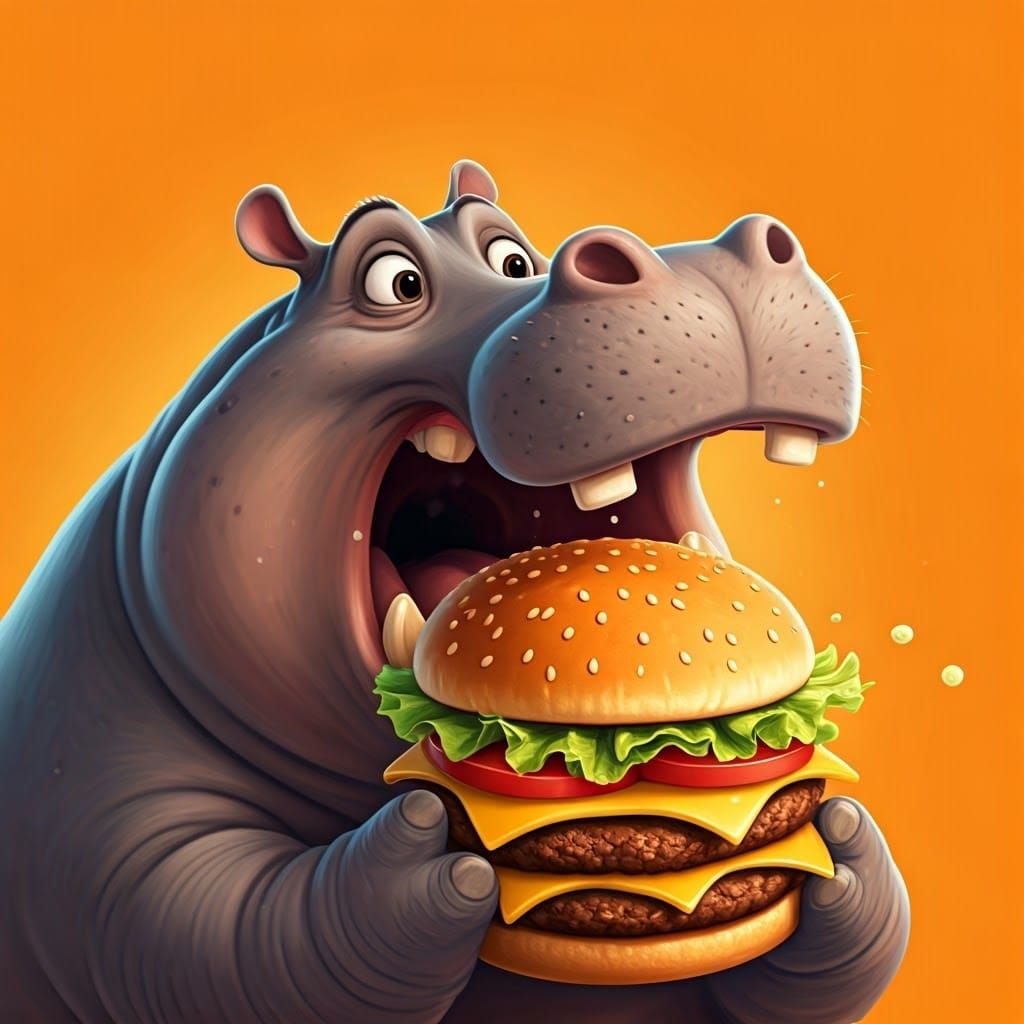 Surreal Hippo Enjoys Gigantic Burger in Vibrant Cartoon Styl...