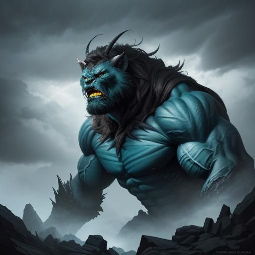 Monstrous Titan Roaring on Mountain Peak as Oil Painting