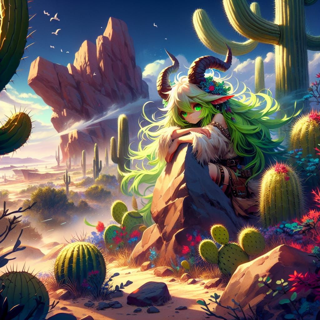 Anime Satyr Girl Hiding from Sandstorm, Fantasy Art