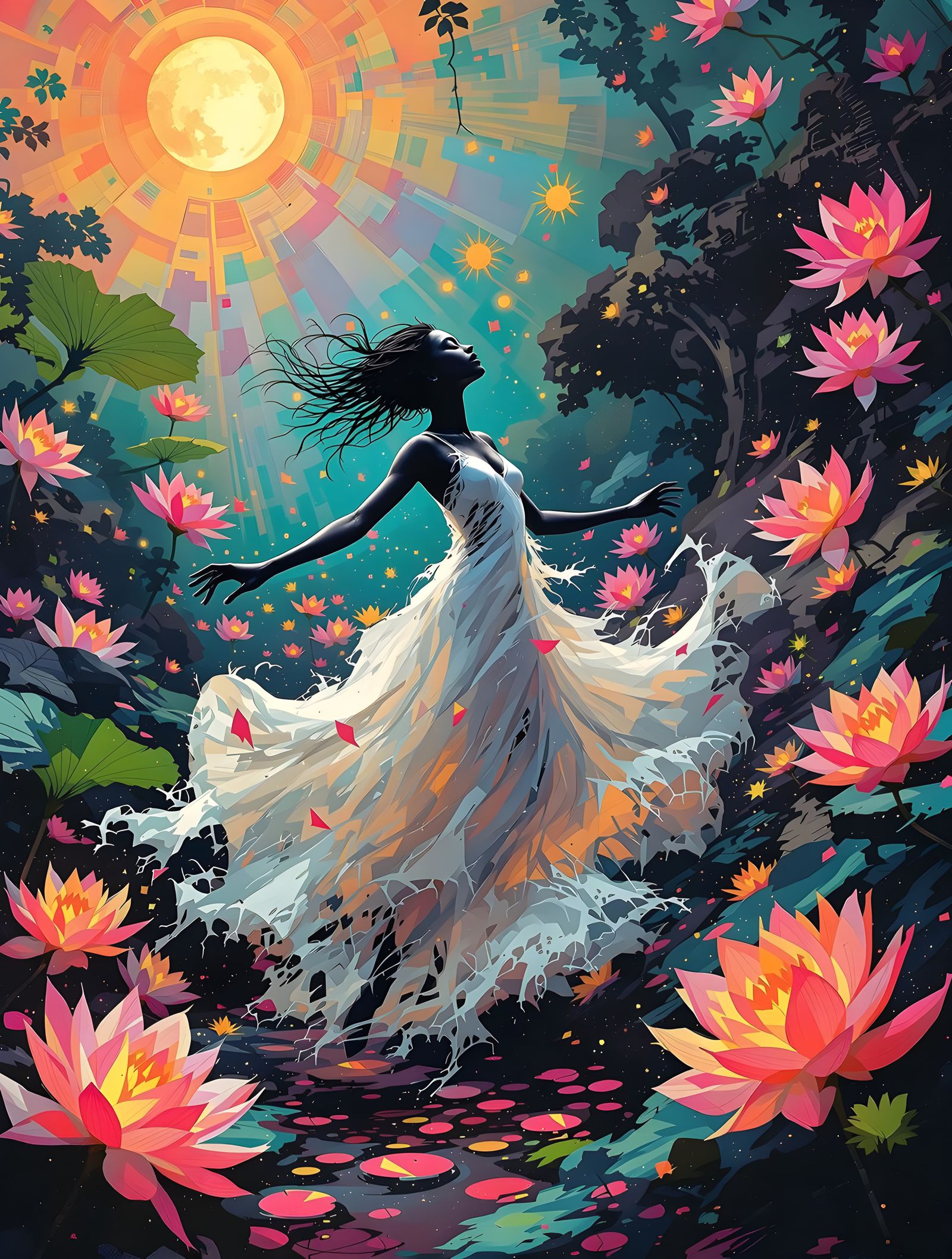 Vibrant Garden Dance in Dreamlike Horror Style