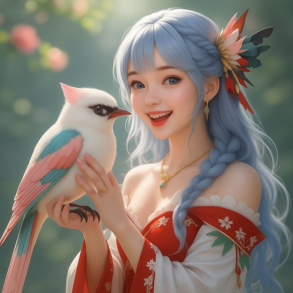 Anime Woman Gently Touches Taiwan Blue Magpie in 3D Style