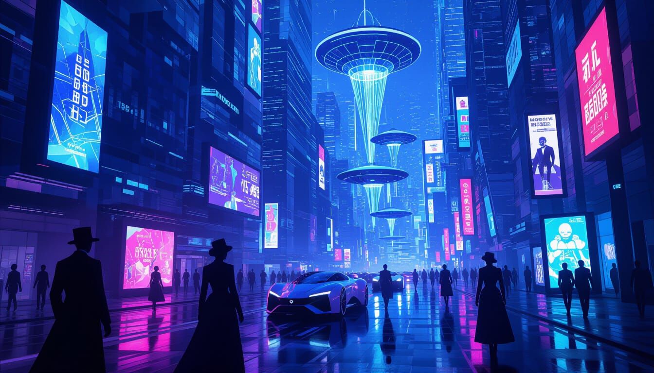Futuristic Victorian Street Scene with Neon Lights