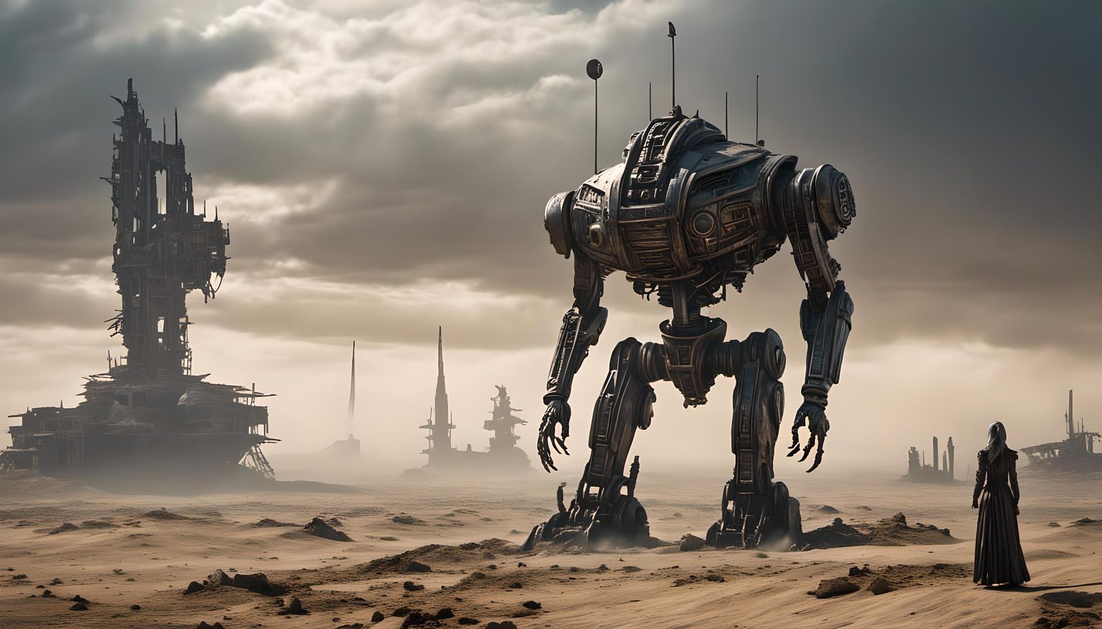 Menacing Robot Statue in Dystopian Wasteland
