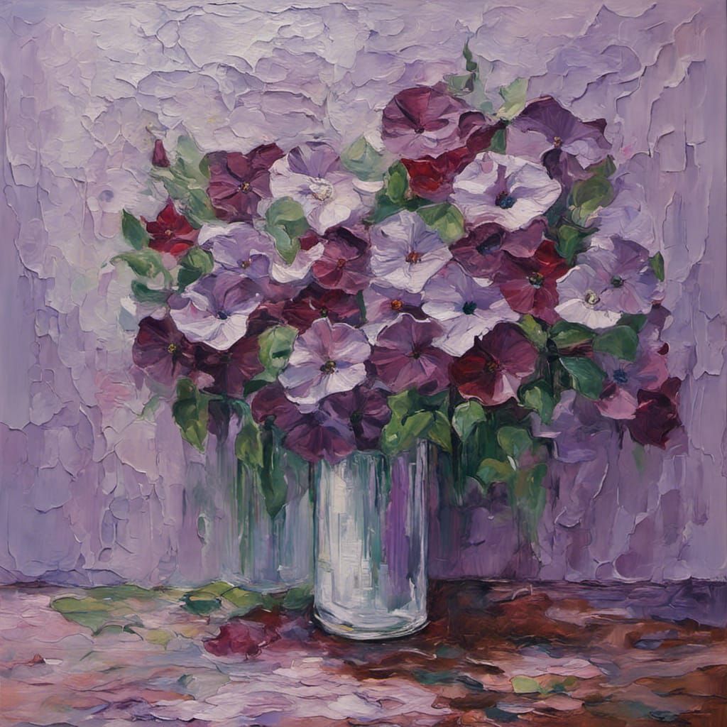 Impasto Oil Painting of Purple Petunias in Vase