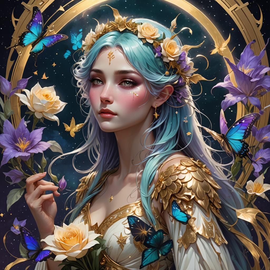 Weeping Fairy with Iridescent Wings and Golden Roses