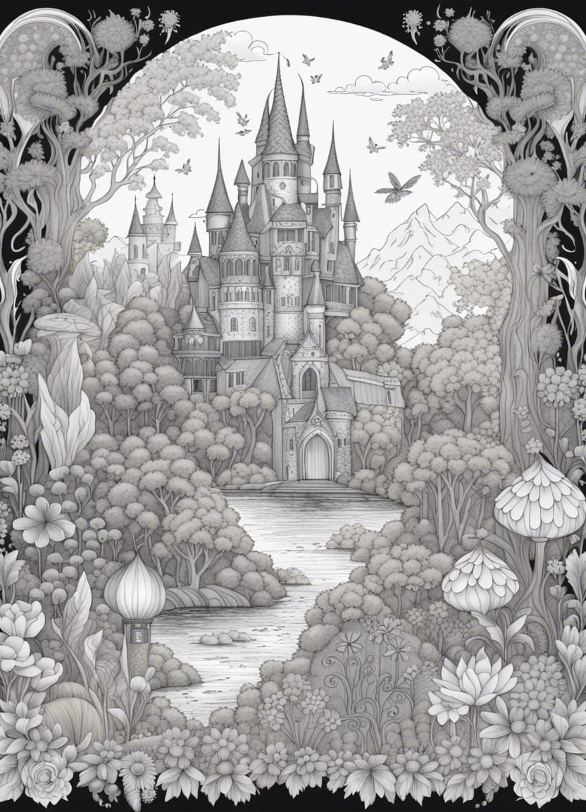 Intricate Fairy and Castle Fantasy Coloring Page