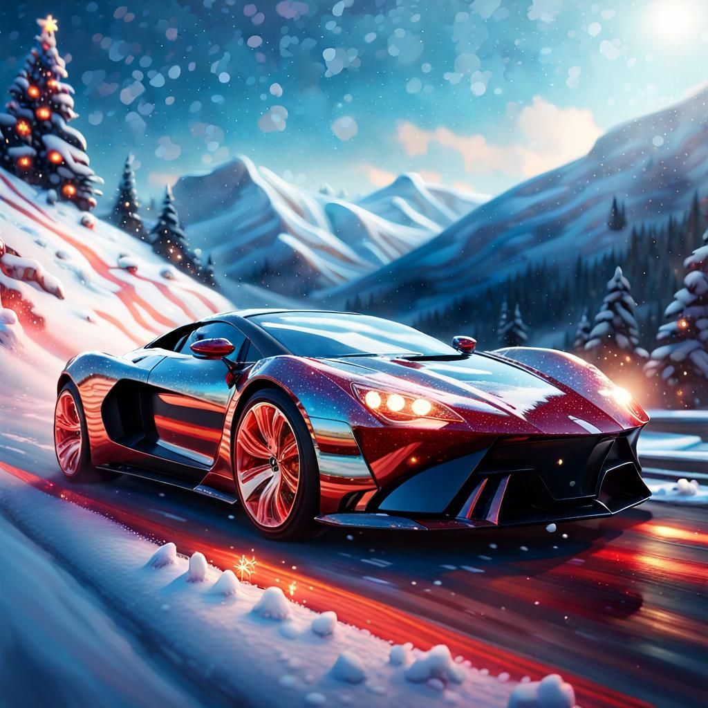Vibrant Christmas Supercar Speeds Down Snowy Mountain Road i...