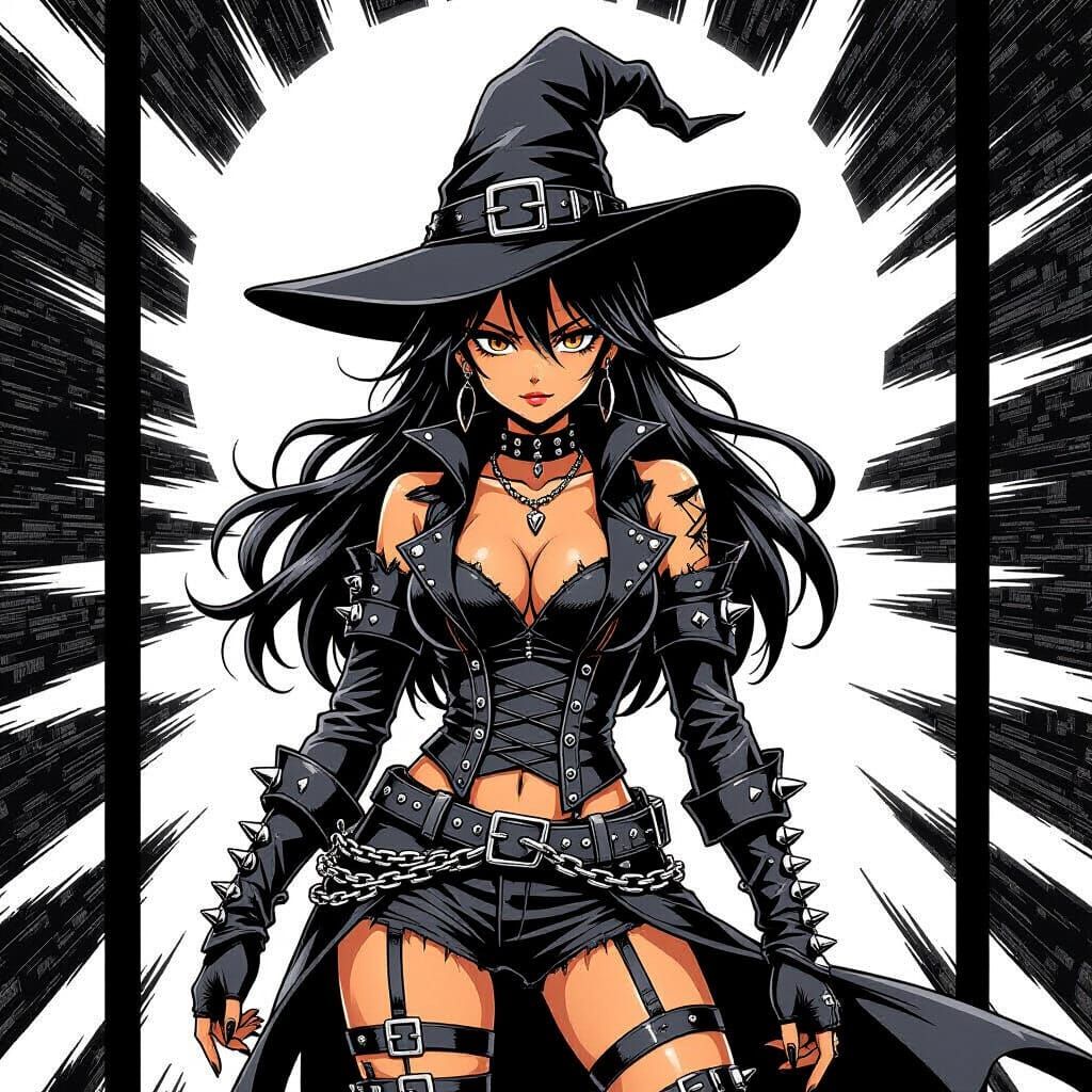 Anime Witch in Punk Attire: Black & White Manga Style
