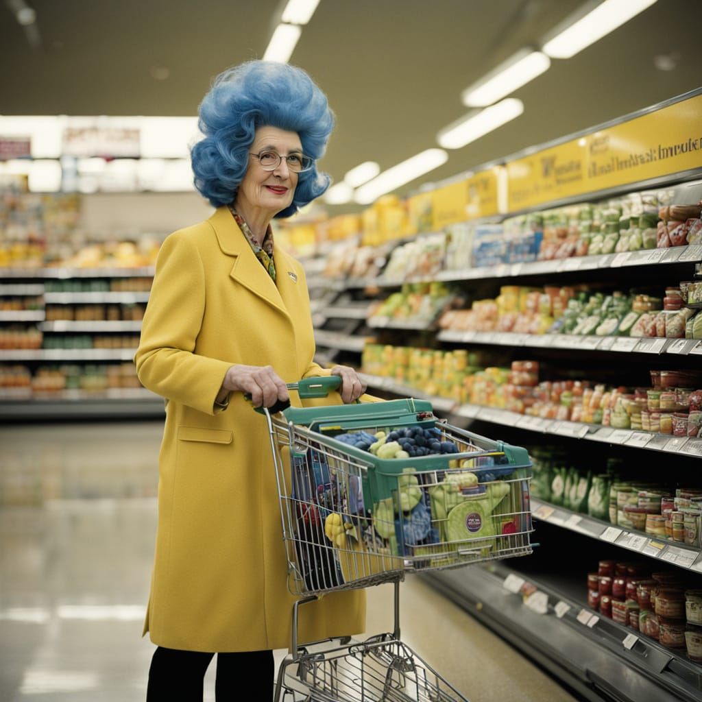 Surreal Portrait of a Young Blue-Haired Woman Shopping in a ...