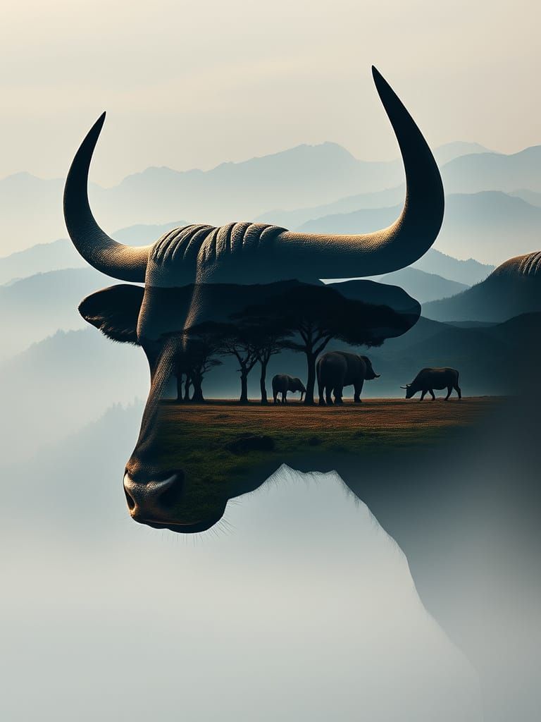 African Plains in Bull Silhouette Double Exposure
