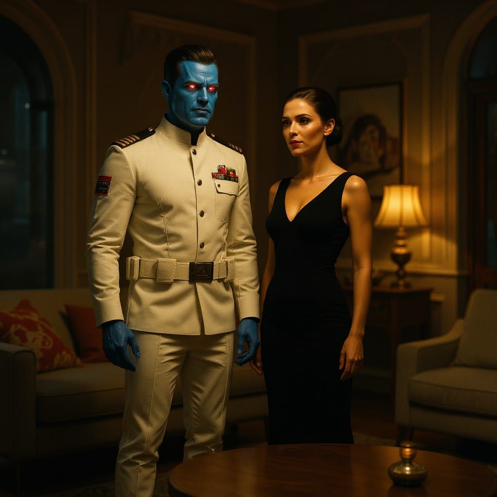 Blue Humanoid in Elegant Room, Hyperrealistic Splash Art