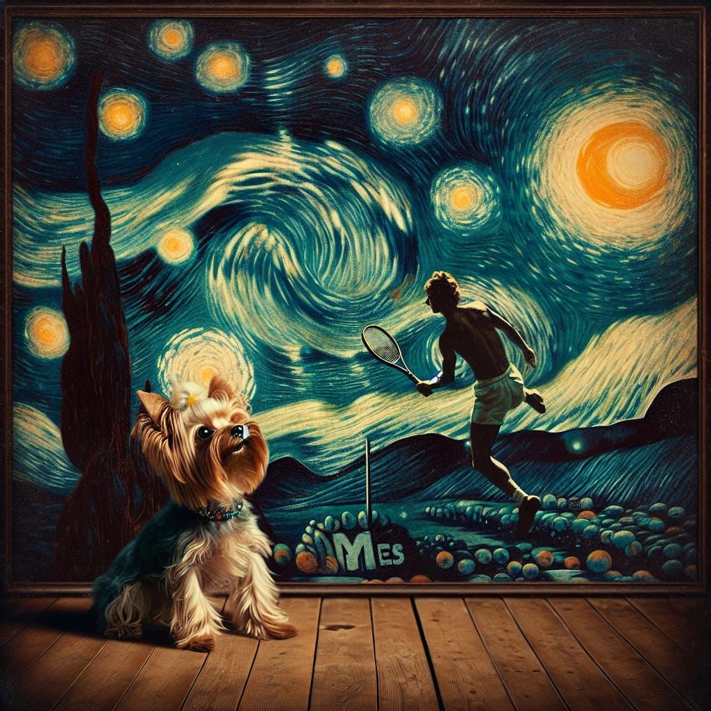 Yorkshire Terrier's Cosmic Tennis Match in Renaissance Style
