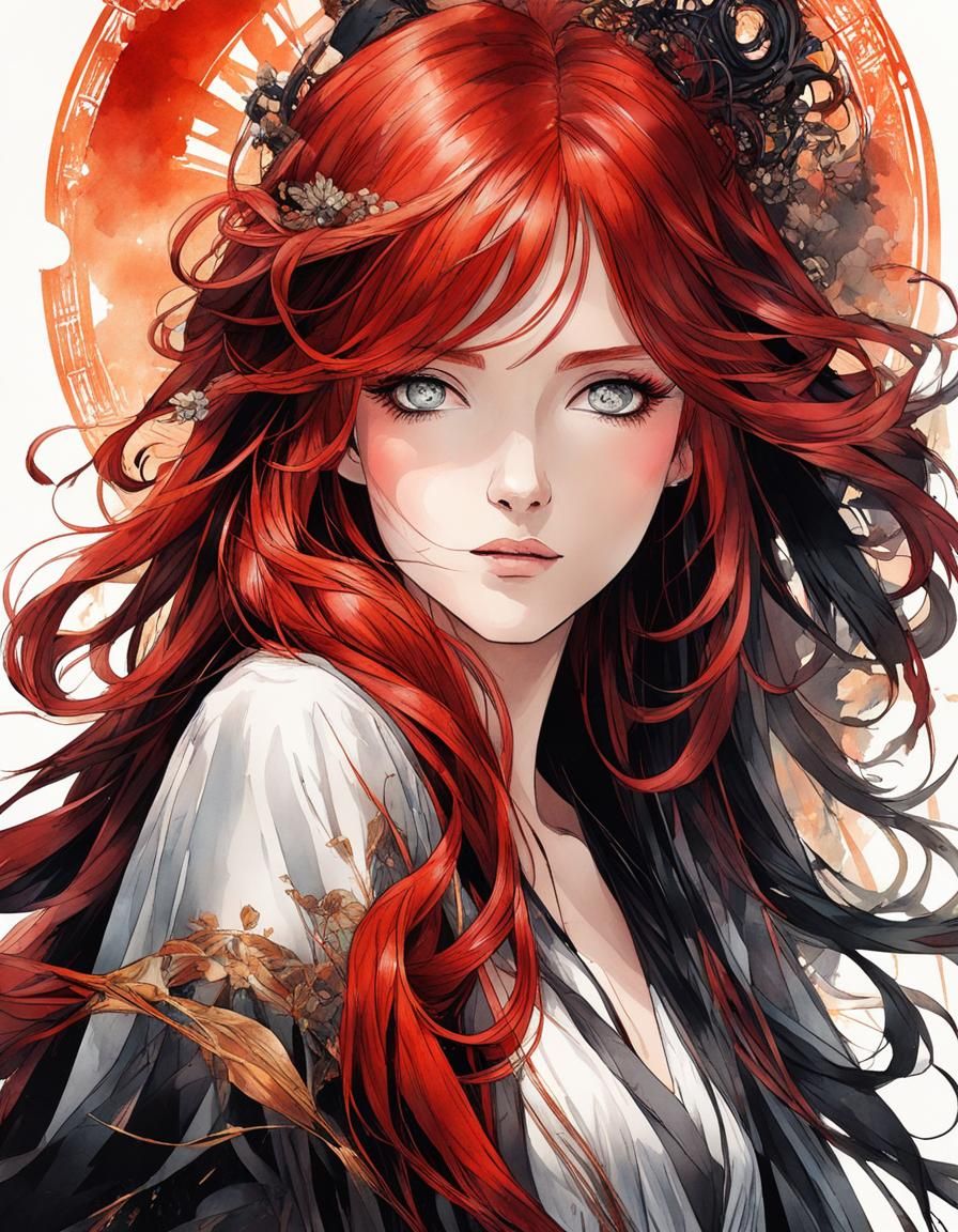Red-Haired Girl in Dreamcore Style, Watercolor and Ink