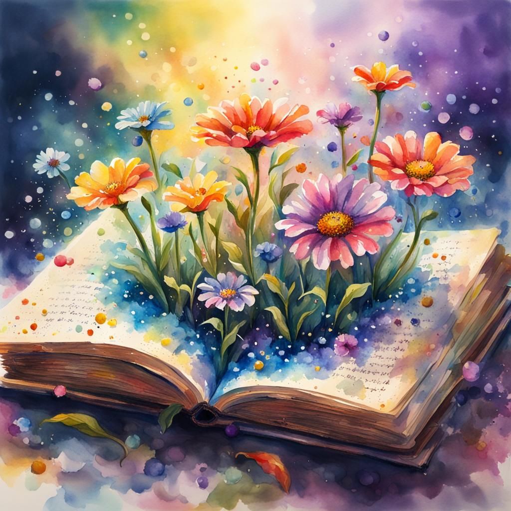 Magical Flower Field on Book, Watercolor Splash Art