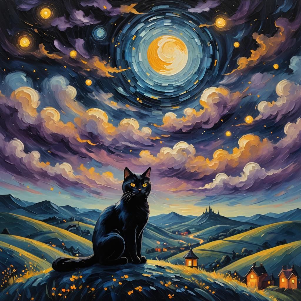 Black Cat Under Starry Night Sky in Impasto Style