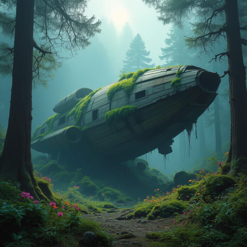 Ancient Wooden Spaceship in Misty Mountains