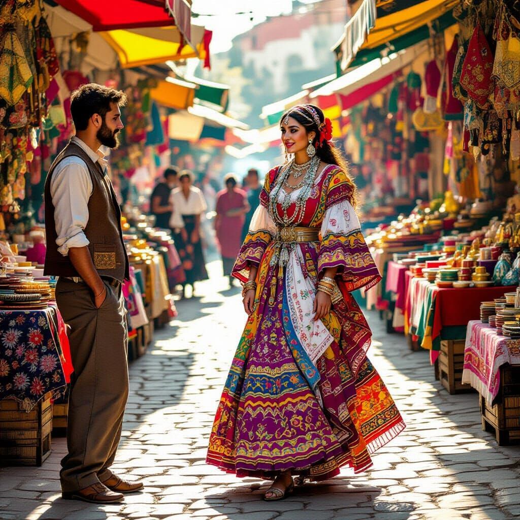 Bohemian Bride with Groom at Lively Market