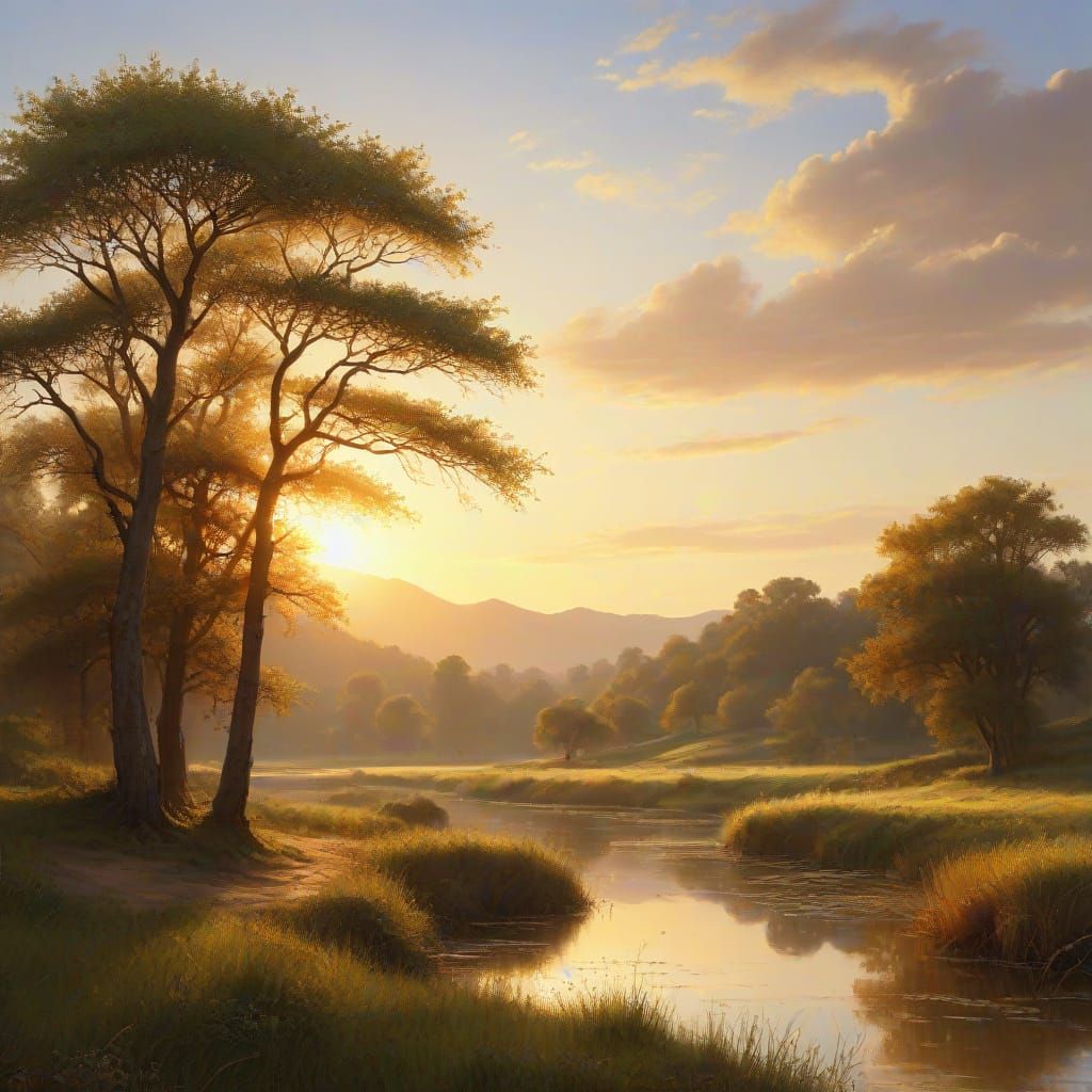 Renaissance Landscape with Sun Reflections as Oil Painting