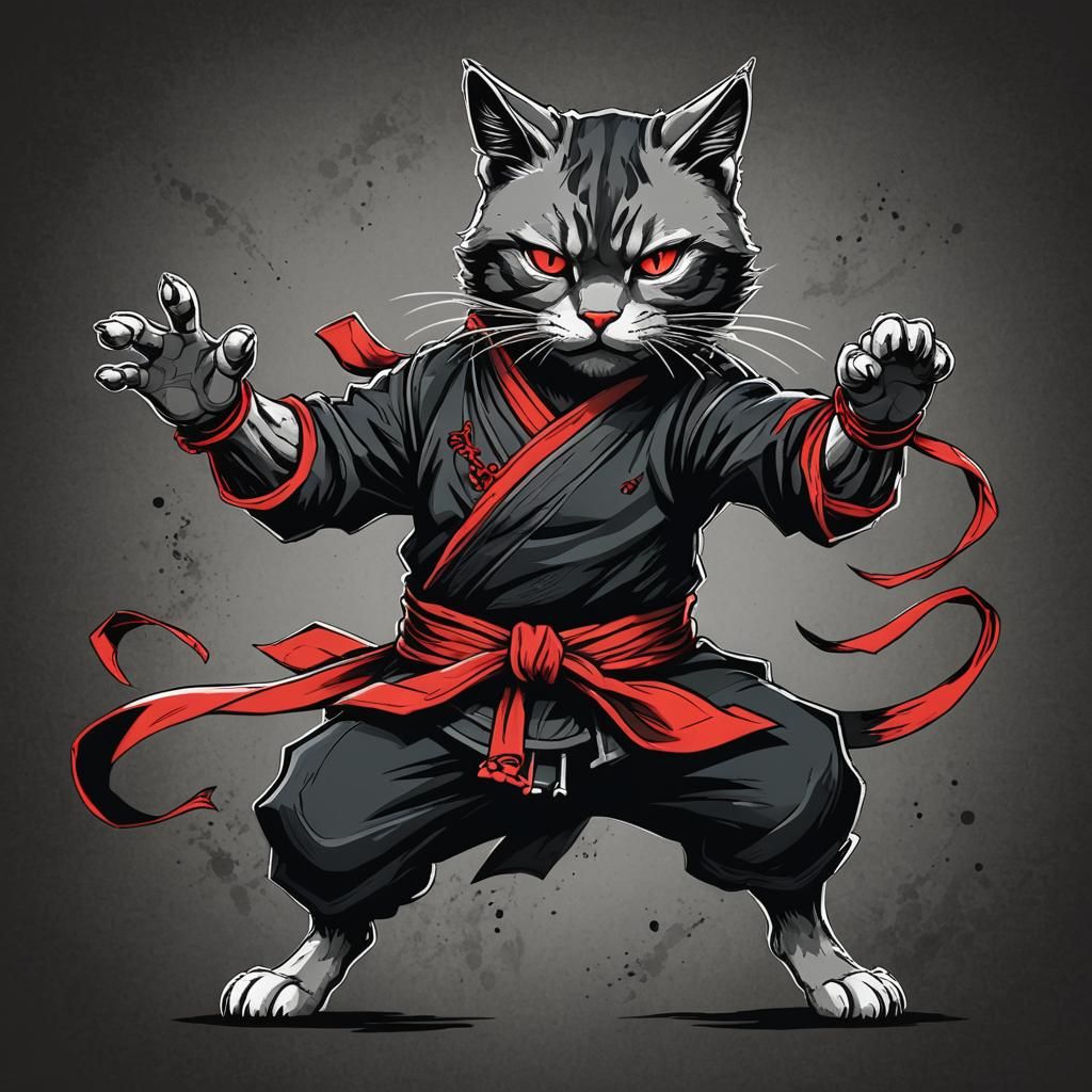 Ninja Cat in Red Bandana: Selective Color Art
