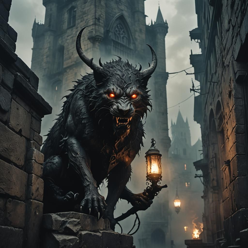 Feral Beast in Gothic Cityscape, Dark Fantasy Style