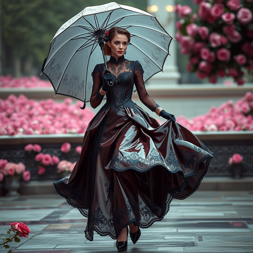 Victorian Woman in Latex Dress Among Roses