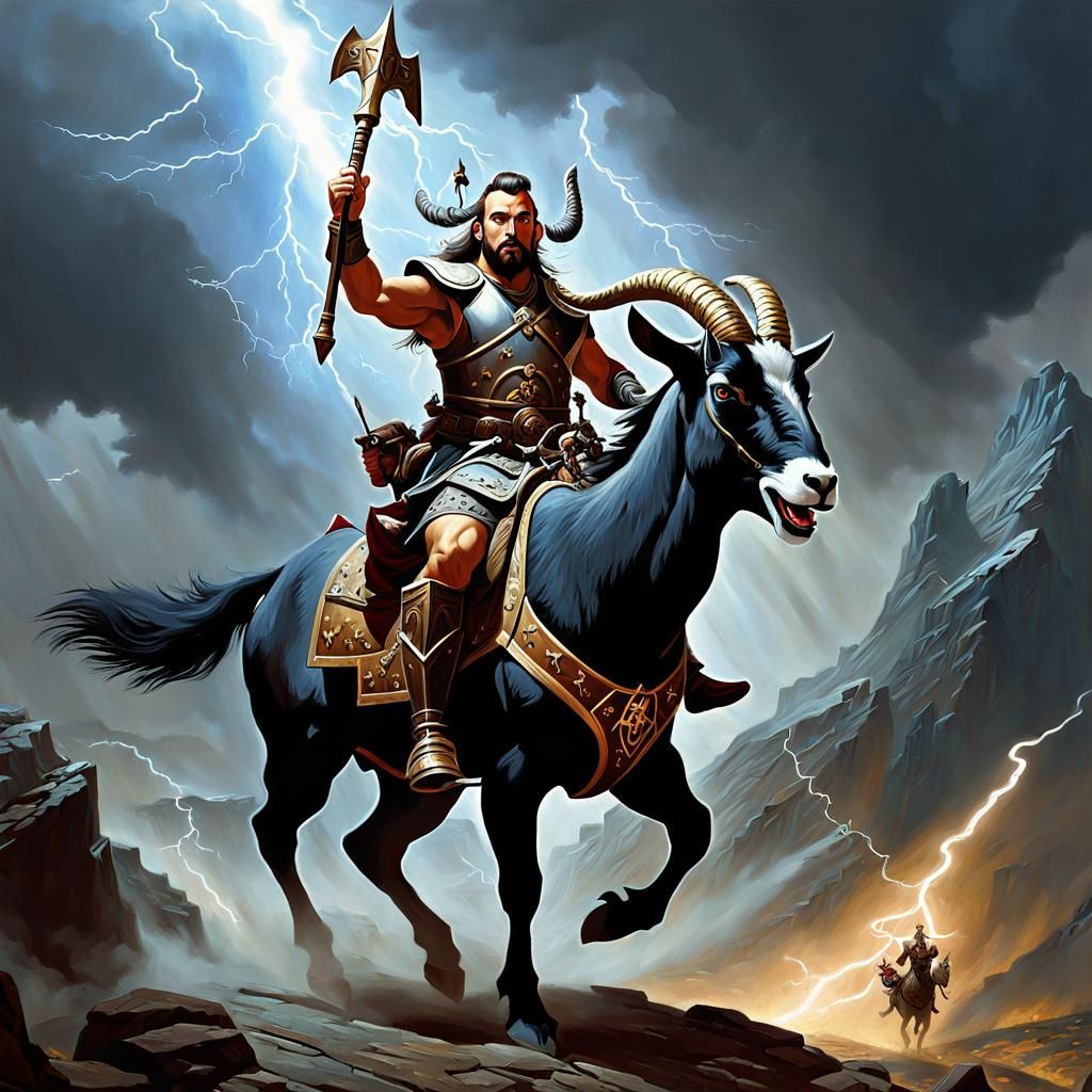 Dwarf Goat Rider in Surrealist Oil Painting