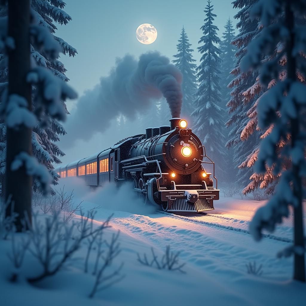 Polar Express Train in Snowy Forest at Night