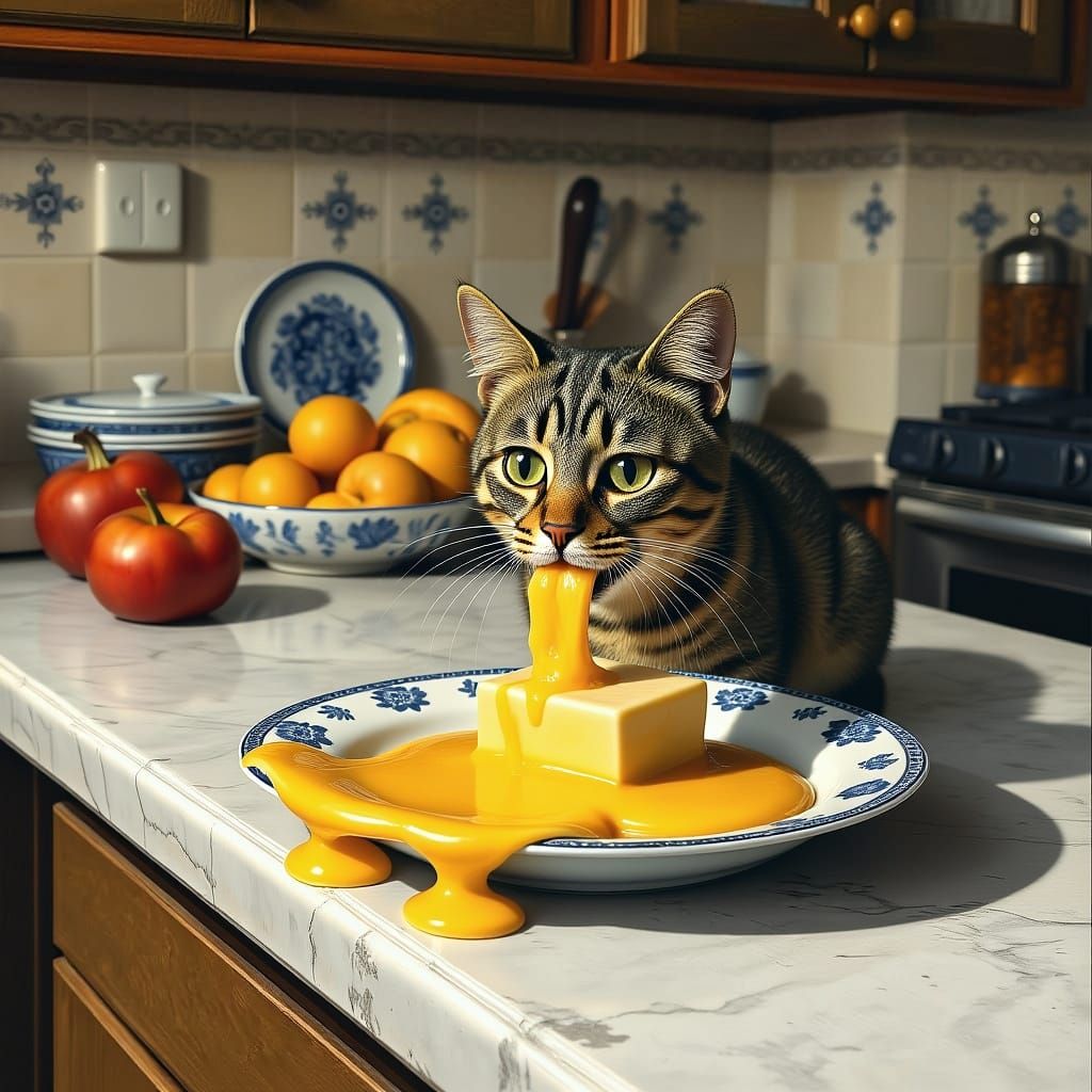 Tabby Cat Licking Butter, Whimsical Vintage Art