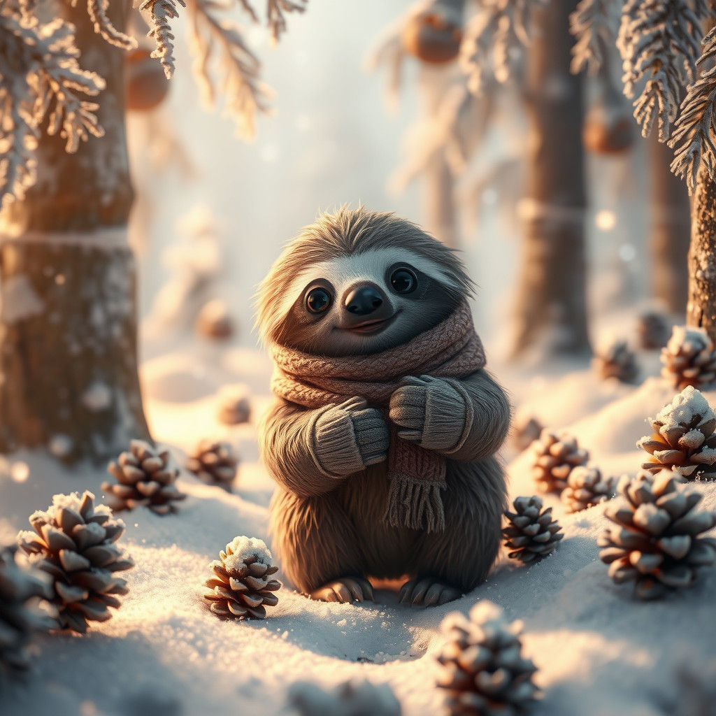 Whimsical Sloth in Winter Wonderland, Digital Art