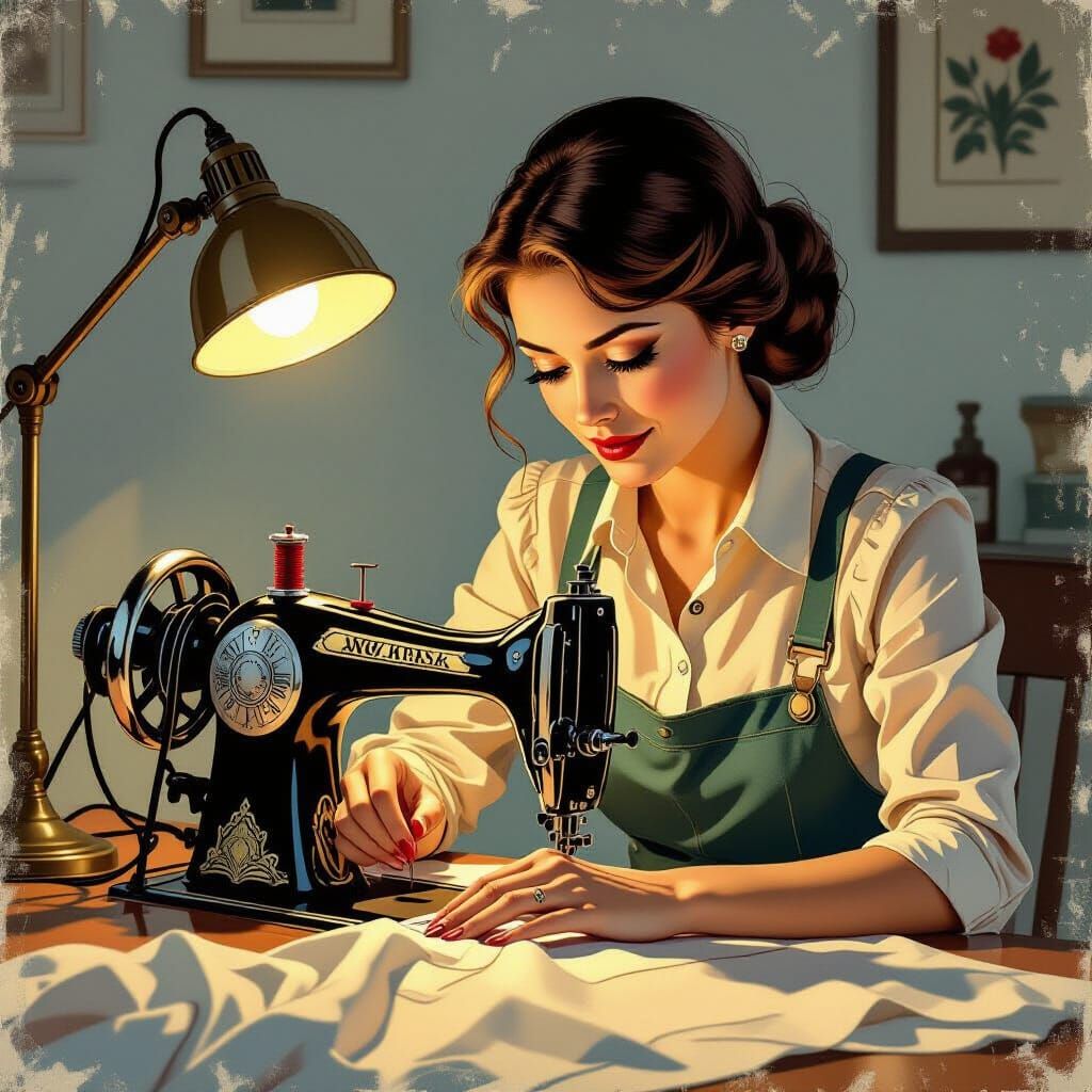 Woman Sewing at Vintage Machine in Hyper-Realistic Comic Sty...