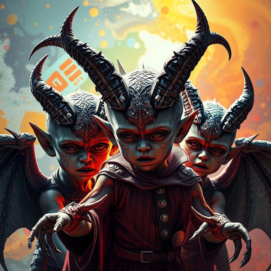 Vibrant Demon Children in a Fantastical Realm