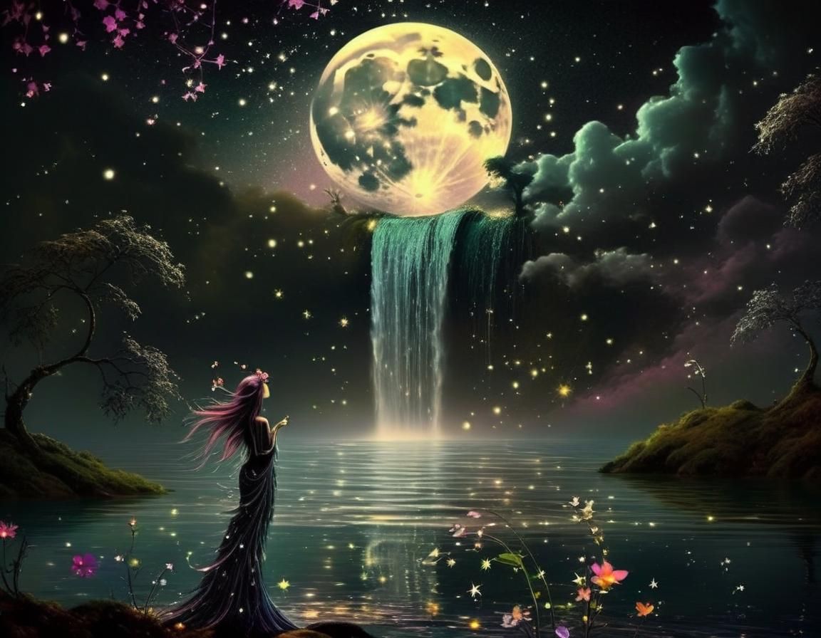Moon Waterfall Dreamscape in Photorealistic Fantasy Art
