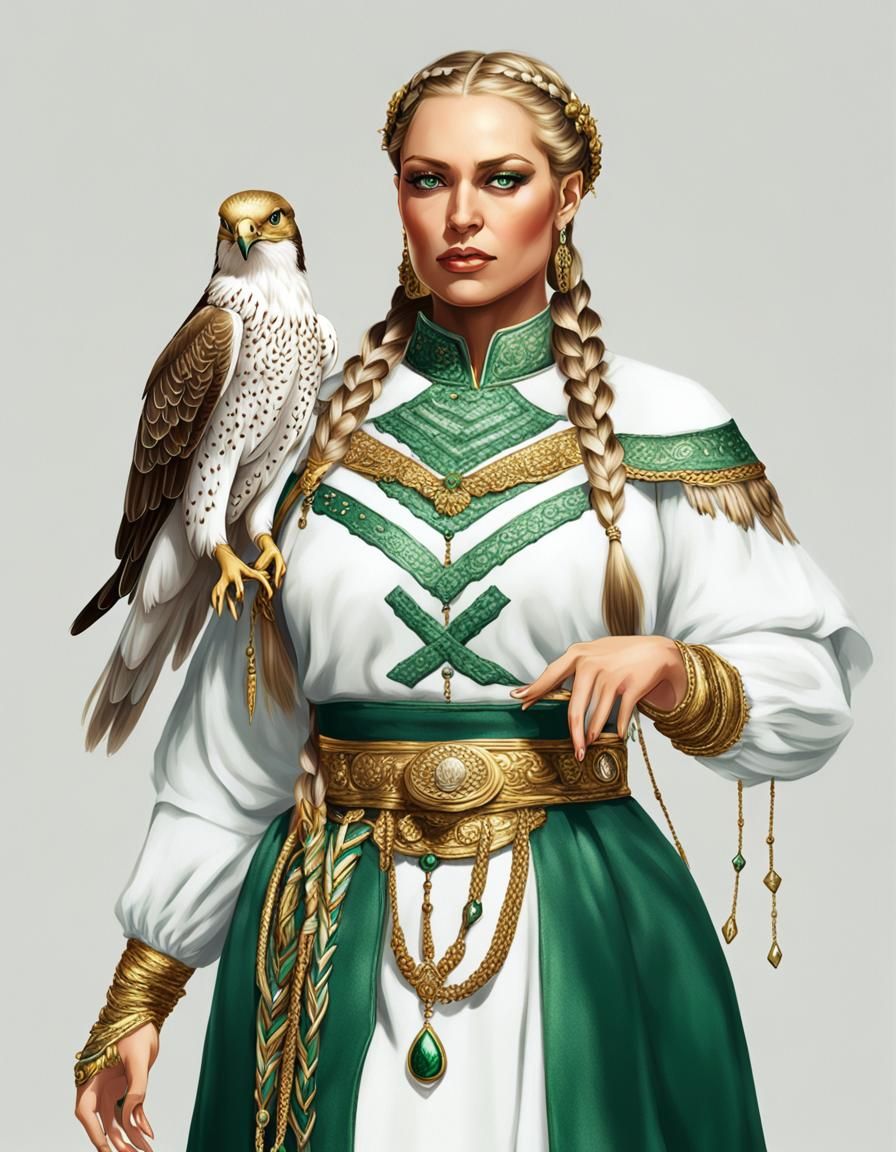 Kriemhild with Falcon in Naive Art Style