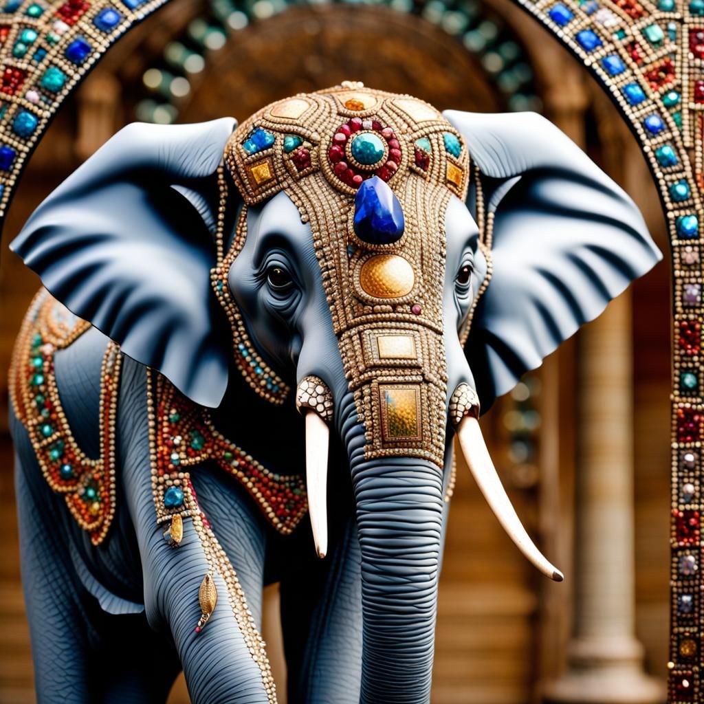 Mosaic Elephant with Gems in Professional Photo Style