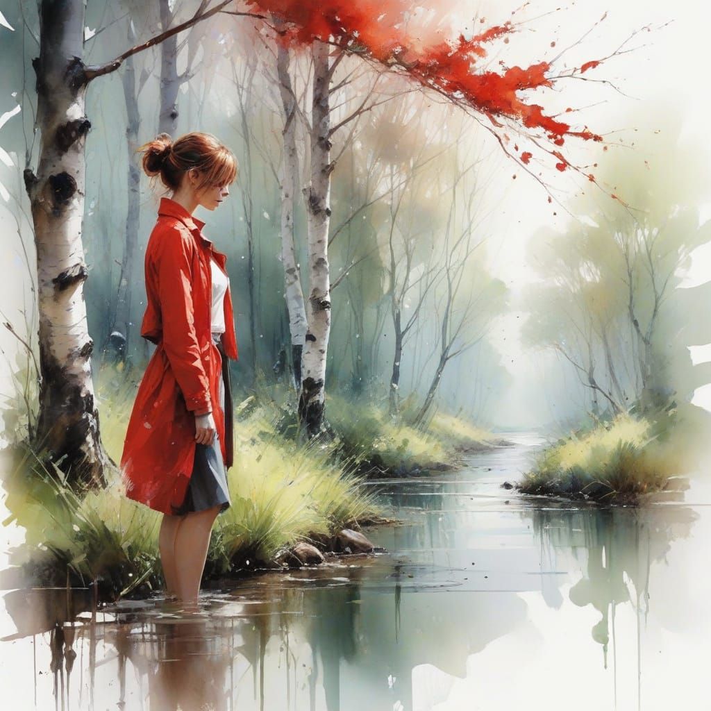 Traveler on Forest Path in Expressive Watercolor Style