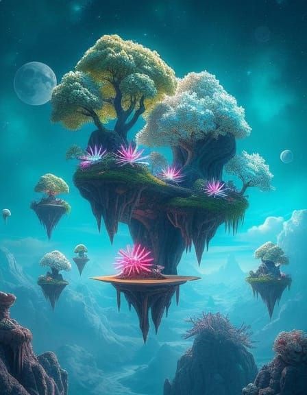Floating Islands in Turquoise Alien Sky: Sci-Fi Art