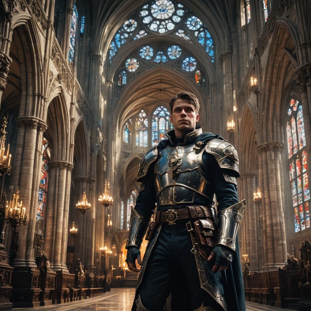 Constable in Paladin Uniform in Gothic Cathedral