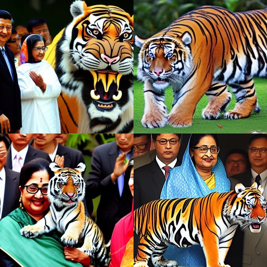Sheikh Hasina with Mythical Dragons and Tigers
