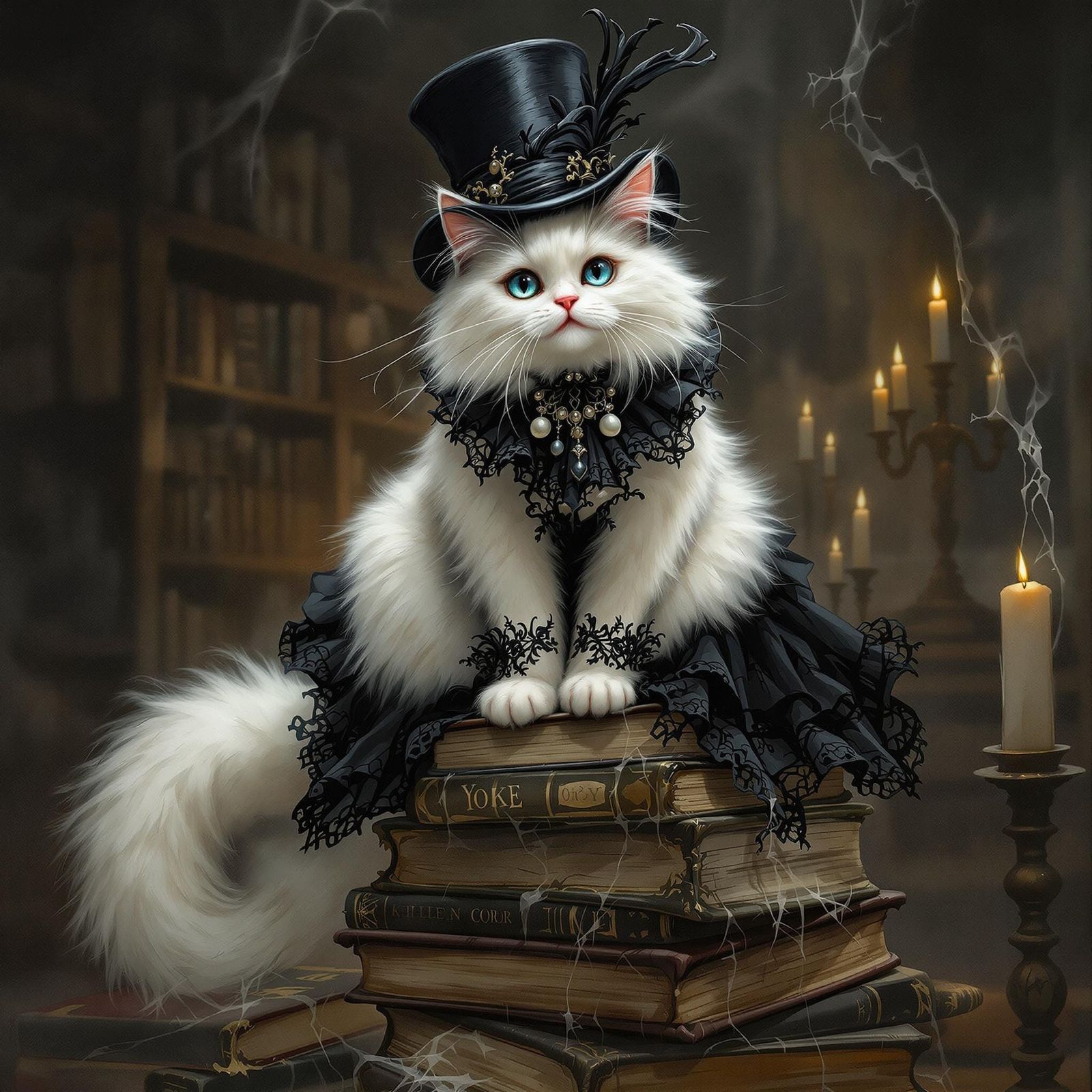 Victorian Cat in Library, Dark Fantasy Art