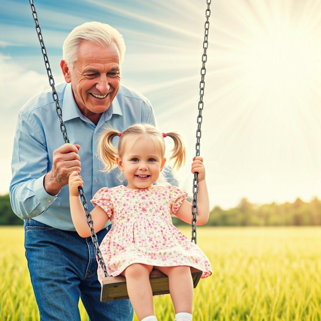 Grandfather and Granddaughter in Dreamy, Impressionistic Sce...
