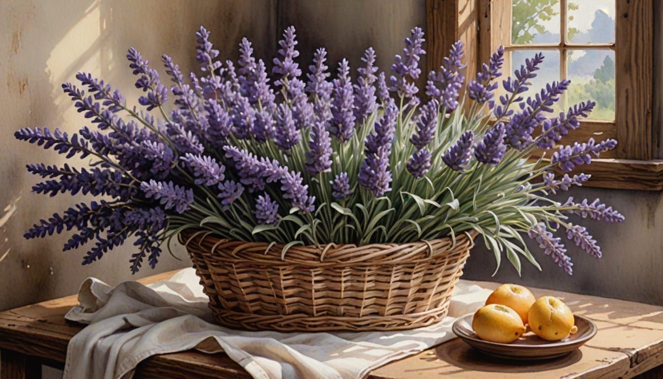 Hyperrealistic Romantic Watercolor Basket with Lavender