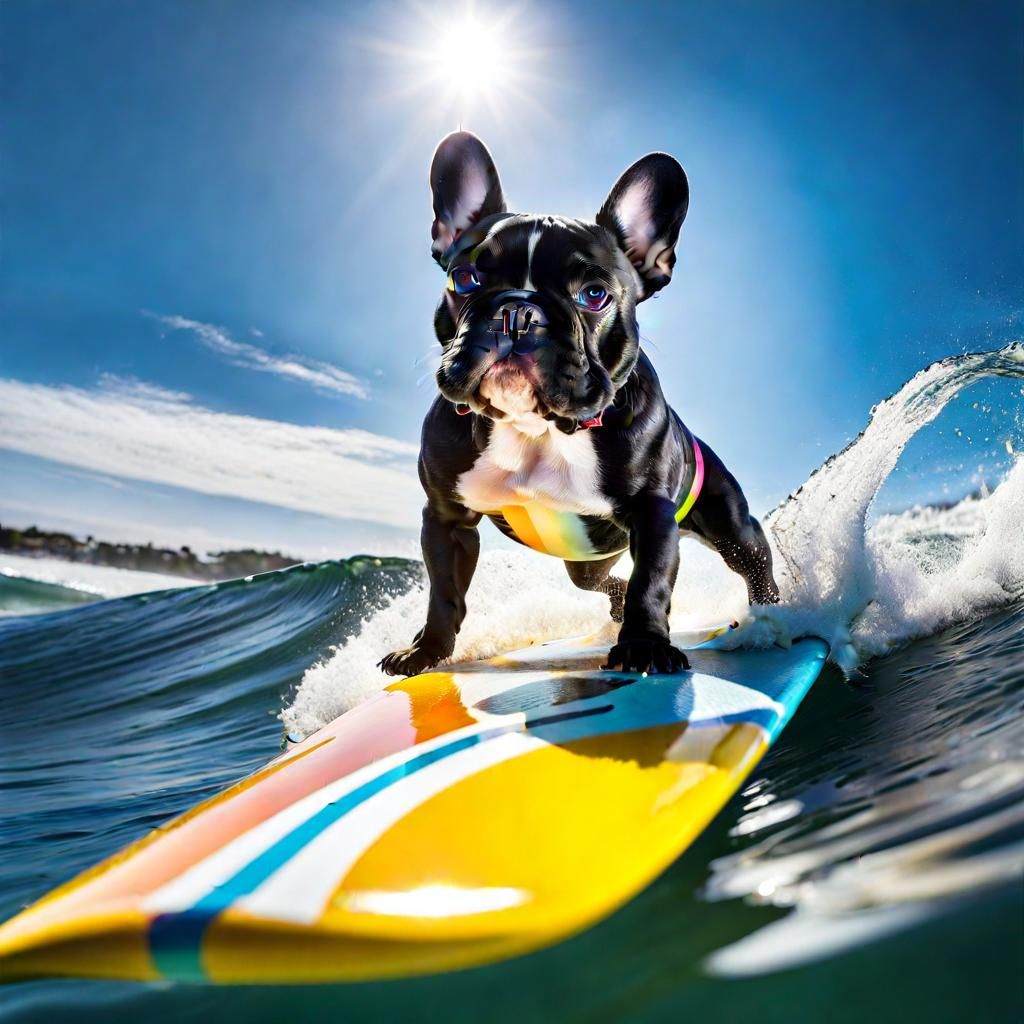 French Bulldog Surfing a Sunny Ocean Wave