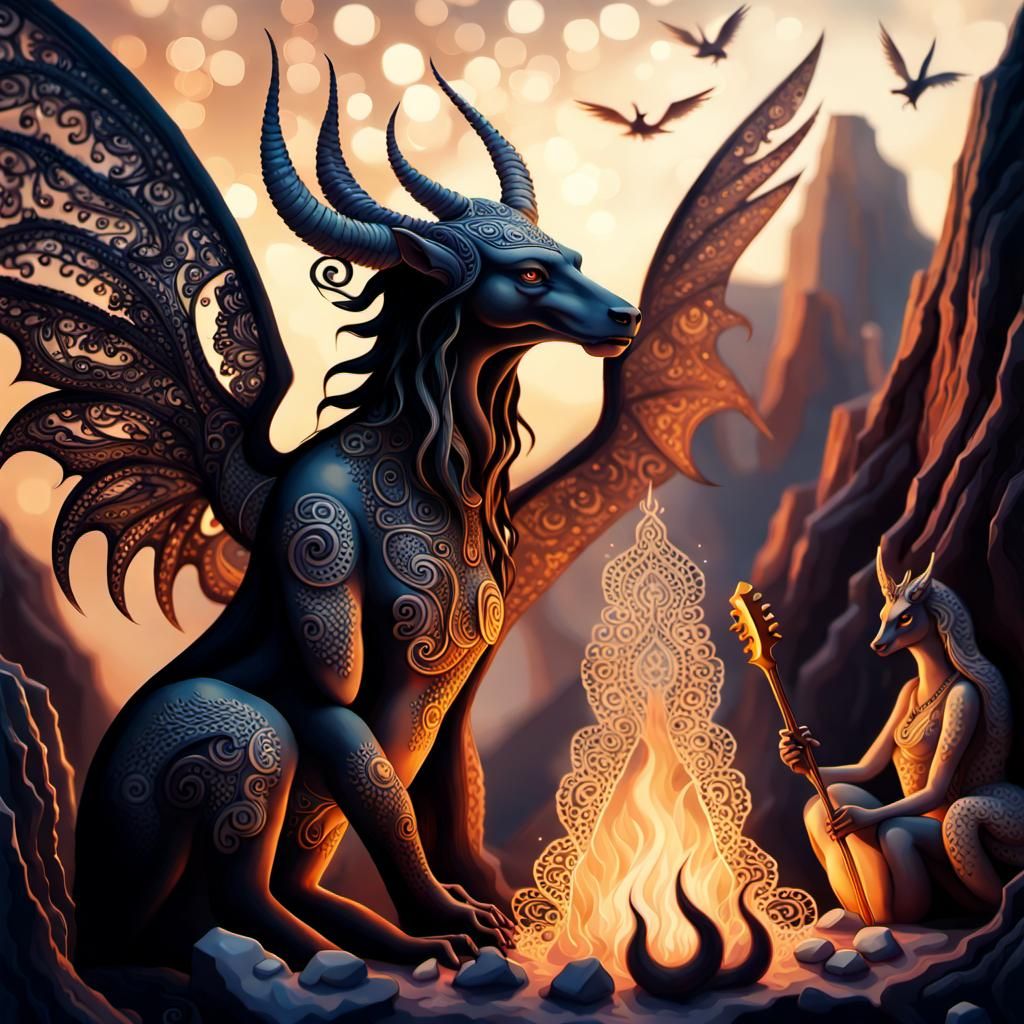 Mystical Creatures' Bonfire Serenade in Golden Hour