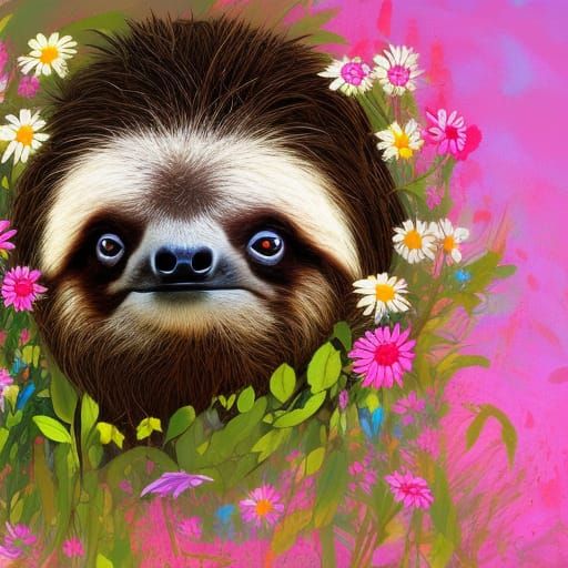 Hyperrealistic Sloth Baby with Daisies