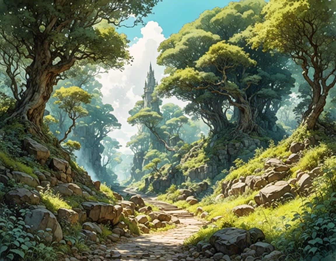Stone Road Through Forest in Romantic Watercolor Style