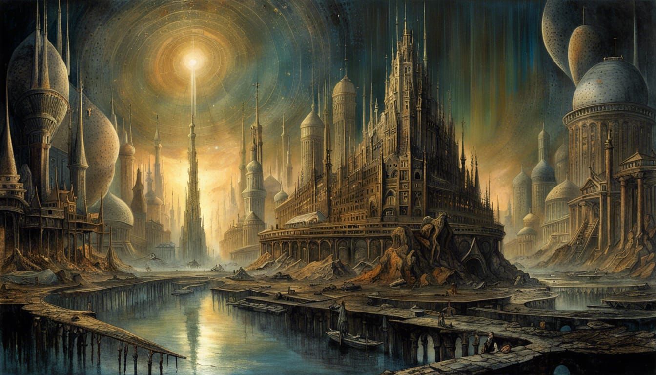 Surreal Art Deco Cityscape with Prehistoric Elements