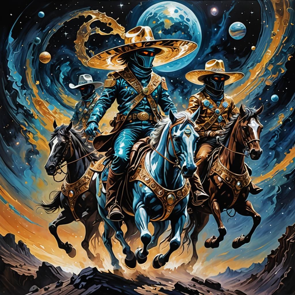 Space Cowboys Ride Through Outer Space in Abstract Art