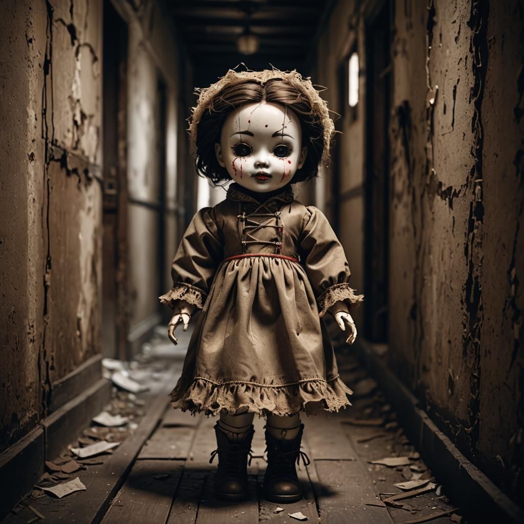 Creepy Haunted China Doll in Abandoned Hallway